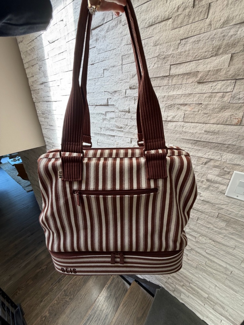 BEIS Striped Brown and Cream Mini Weekender Bag
